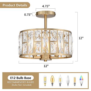 12 in. 3-Light Modern Glam Crystal Semi-Flush Mount Ceiling Light, K9 Crystal, Dry Rated