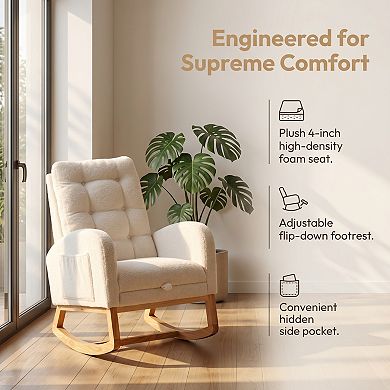 Accent Rocking Chair with Footrest High-Back Rocker with Rubber Wood Frame