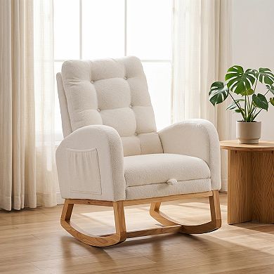 Accent Rocking Chair with Footrest High-Back Rocker with Rubber Wood Frame