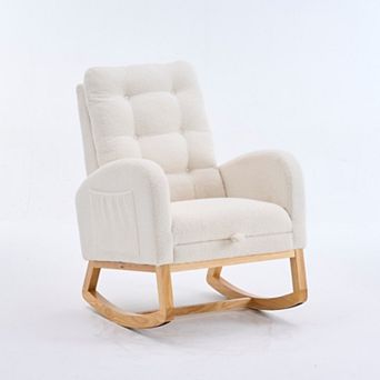 Accent Rocking Chair with Footrest High-Back Rocker with Rubber Wood Frame
