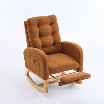 Accent Rocking Chair with Footrest High-Back Rocker with Rubber Wood Frame