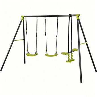Loheer Triple Seat Outdoor Swing Set, Heavy Duty Steel Frame 440lbs For Backyard Fun