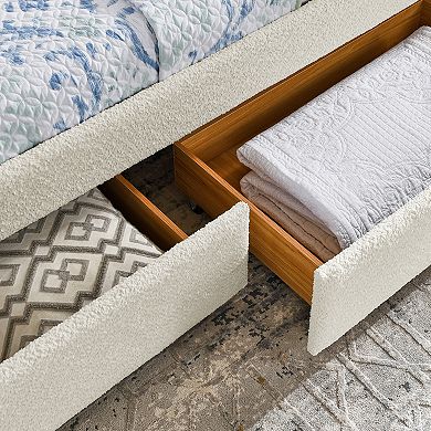 Daybed with Trundle Upholstered Tufted Sofa Bed with Two Drawers Queen Size Boucle Fabric Beige
