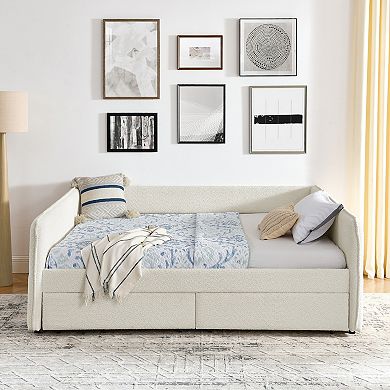 Daybed with Trundle Upholstered Tufted Sofa Bed with Two Drawers Queen Size Boucle Fabric Beige