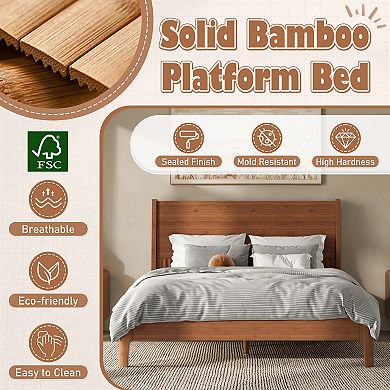 Full 100% Bamboo Platform Bed with Tall Headboard Support Slats Warm Brown