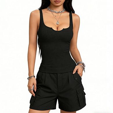 Women's Waffle Knit Notch Neck Tank Top Sleeveless Slim Fit Casual Basic Cami Top