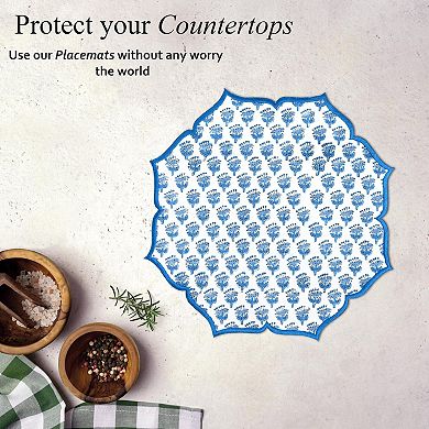 Handmade Double Layered Cotton Block Print Placemats Embroidered Scalloped Machine Washable