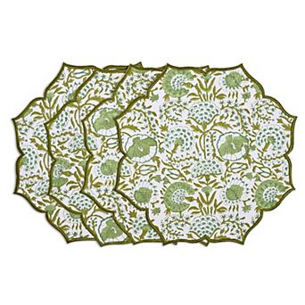 Handmade Double Layered Cotton Block Print Placemats Embroidered Scalloped Machine Washable