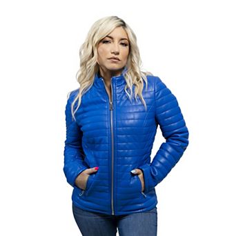 Women's Whet Blu Sleek Faux-Leather Puffer Jacket with Full-Length Zip