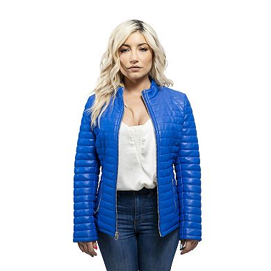 Women's Whet Blu Sleek Faux-Leather Puffer Jacket with Full-Length Zip