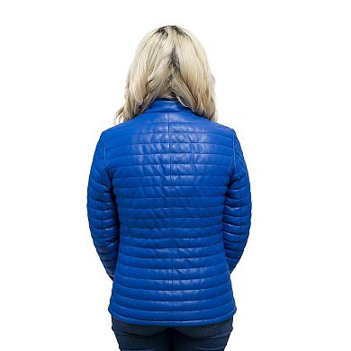 Women's Whet Blu Sleek Faux-Leather Puffer Jacket with Full-Length Zip