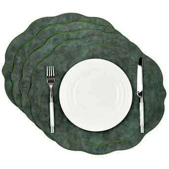 Embroidered Scalloped Faux Leather Placemats Set Of 4 Wipeable Luxury Table Mats