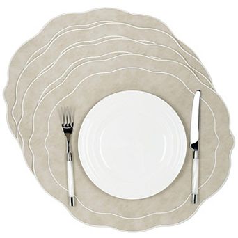 Embroidered Scalloped Faux Leather Placemats Set Of 4 Wipeable Luxury Table Mats