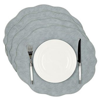 Embroidered Scalloped Faux Leather Placemats Set Of 4 Wipeable Luxury Table Mats