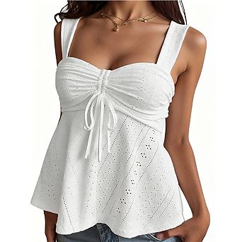 Women's Eyelet Knit Peplum Tank Top Sweetheart Neck Tie-Front Sleeveless Camisole