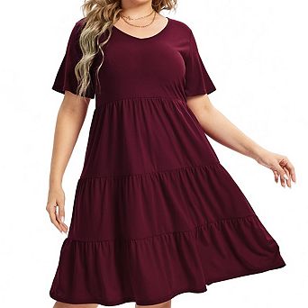 Women's Plus Size Summer Midi Dress, Short Ruffle Sleeve Tiered Waist t-Shirt with Pockets
