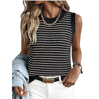 Women's Striped Knit Tank Top Sleeveless Crew Neck Sweater Vest Casual Top
