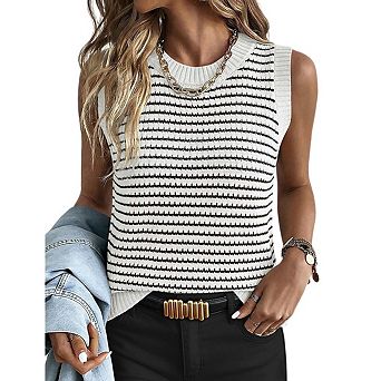 Women's Striped Knit Tank Top Sleeveless Crew Neck Sweater Vest Casual Top