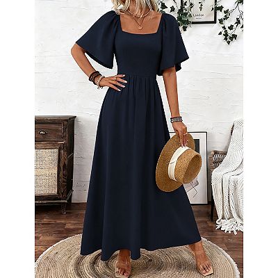 square neck maxi dress casual Juesizh Womens Maxi Dresses Square Neck Short Sleeve Ruffle Summer Dress Casual Fashion Floral Printed Waist Defining Flowy Dress, S-2xl, Women's,