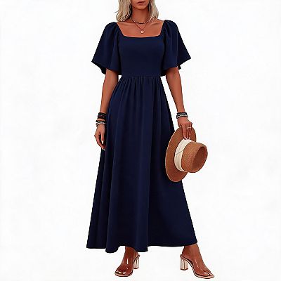 flutter sleeve dress casual Square Neck Flutter Sleeve Maxi Dress Casual A-Line Long Dress for Women