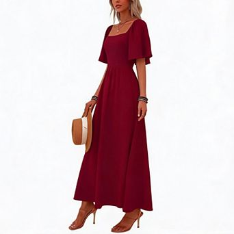 Square Neck Flutter Sleeve Maxi Dress Casual A-Line Long Dress for Women