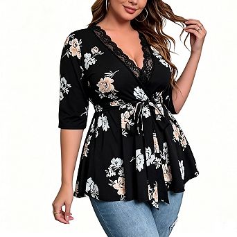 Plus Size Floral Lace Trim Wrap Blouse Belted Short Sleeve Peplum Top