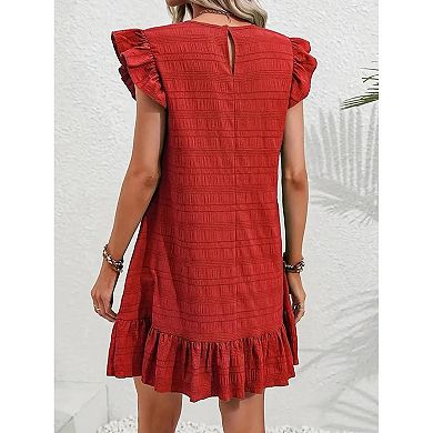 Textured Knit Shift Dress with Ruffled Cap Sleeves and Ruffled Hem Women's Mini