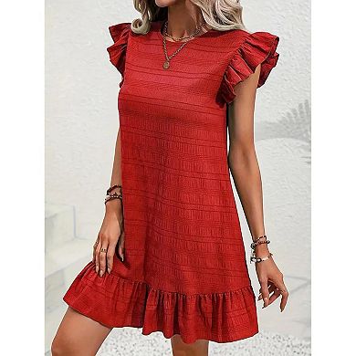 Textured Knit Shift Dress with Ruffled Cap Sleeves and Ruffled Hem Women's Mini