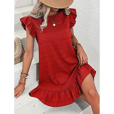 Textured Knit Shift Dress with Ruffled Cap Sleeves and Ruffled Hem Women's Mini