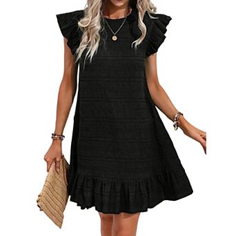 Textured Knit Shift Dress with Ruffled Cap Sleeves and Ruffled Hem Women's Mini