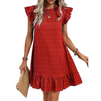 Textured Knit Shift Dress with Ruffled Cap Sleeves and Ruffled Hem Women's Mini