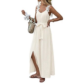 Women Slit Flowy Dress V Neck Summer Maxi Dresses with Belt