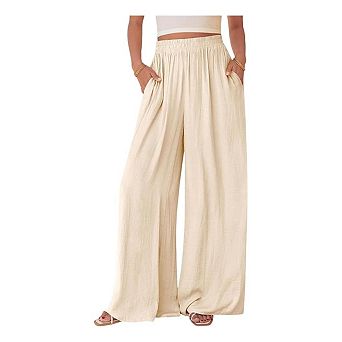 Women's High-Waisted Wide Leg Pants Elastic Waist Casual Linen-Look Palazzo Trousers with Pockets