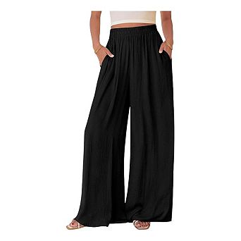 Women's High-Waisted Wide Leg Pants Elastic Waist Casual Linen-Look Palazzo Trousers with Pockets