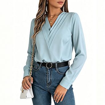 Women's Pleated V-Neck Chiffon Blouse Long Sleeve Button Cuff Office Casual Shirt