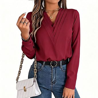 Women's Pleated V-Neck Chiffon Blouse Long Sleeve Button Cuff Office Casual Shirt