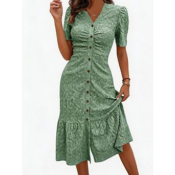 Women's V neck Short Sleeve Solid Color Dress Openwork Fashion Dress
