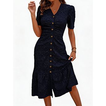 Women's V neck Short Sleeve Solid Color Dress Openwork Fashion Dress