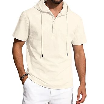 Mens Short Sleeve Hoodie Cotton Hooded T-shirts Lightweight Solid Tops Sweatshirts