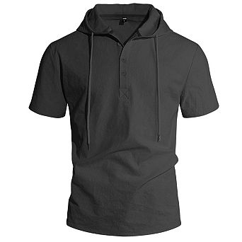 Mens Short Sleeve Hoodie Cotton Hooded T-shirts Lightweight Solid Tops Sweatshirts