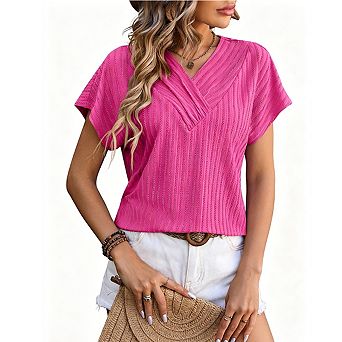 Women's Vertical Textured Surplice V-Neck Blouse Dolman Short Sleeve Relaxed Casual Top