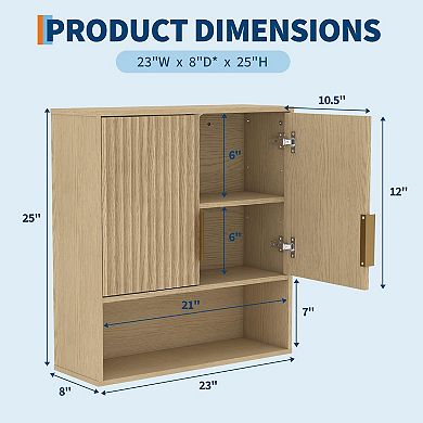 Wall Mounted Cabinet with Fluted Doors, Small Bathroom Storage Cabinet, MDF Wall Cabinet