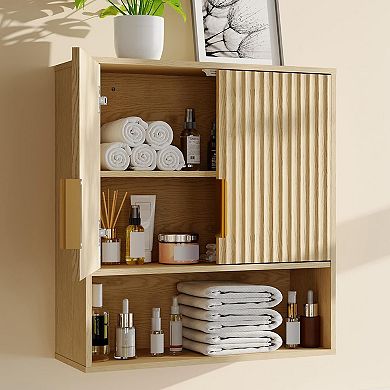 Wall Mounted Cabinet with Fluted Doors, Small Bathroom Storage Cabinet, MDF Wall Cabinet