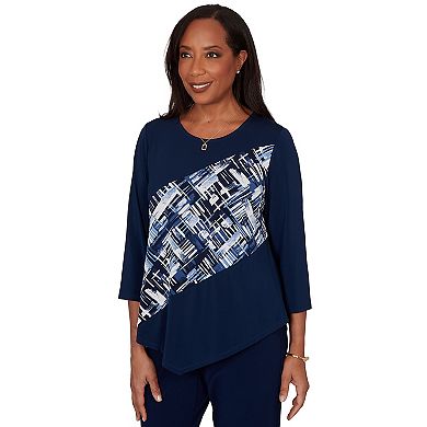 Petite Alfred Dunner Etched Plaid Diagonal Puff Printed Top