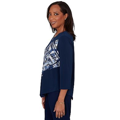 Petite Alfred Dunner Etched Plaid Diagonal Puff Printed Top