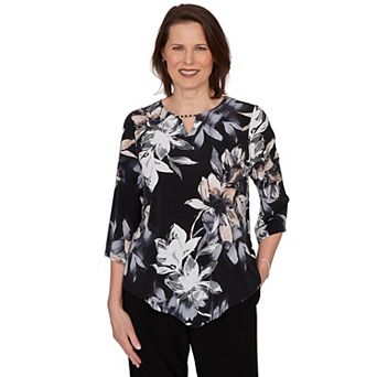 Petite Alfred Dunner Watercolor Floral Puff Printed Top