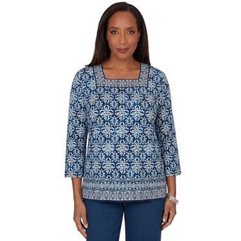 Petite Alfred Dunner Batik Tile Square Neck Top