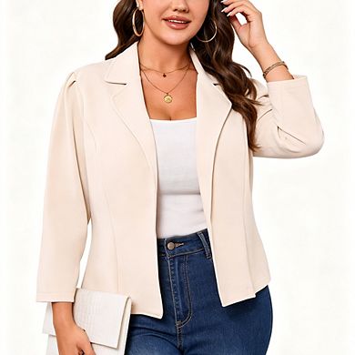 Women's Puff Shoulder Open Front Blazer 3/4 Sleeve Tailored Open Front Office Work Jacket
