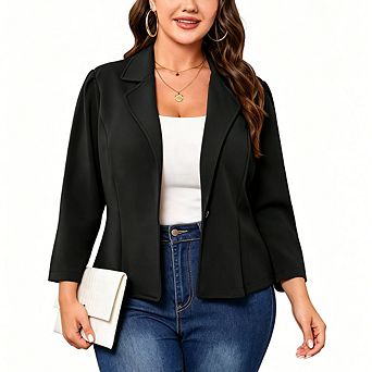 Women's Puff Shoulder Open Front Blazer 3/4 Sleeve Tailored Open Front Office Work Jacket