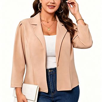 Women's Puff Shoulder Open Front Blazer 3/4 Sleeve Tailored Open Front Office Work Jacket